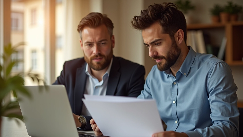 Muž a žena sedící spolu a diskutující o finančním plánu, dokumenty na stole