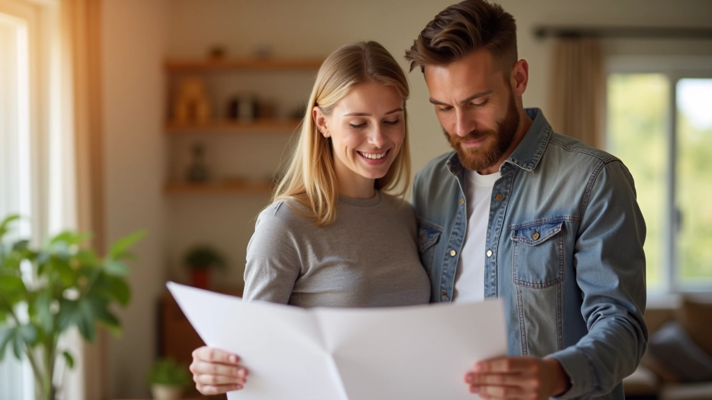 Rodina se dívá na nový dům, osoby v domě s papíry a plánem, slunečnice v pozadí