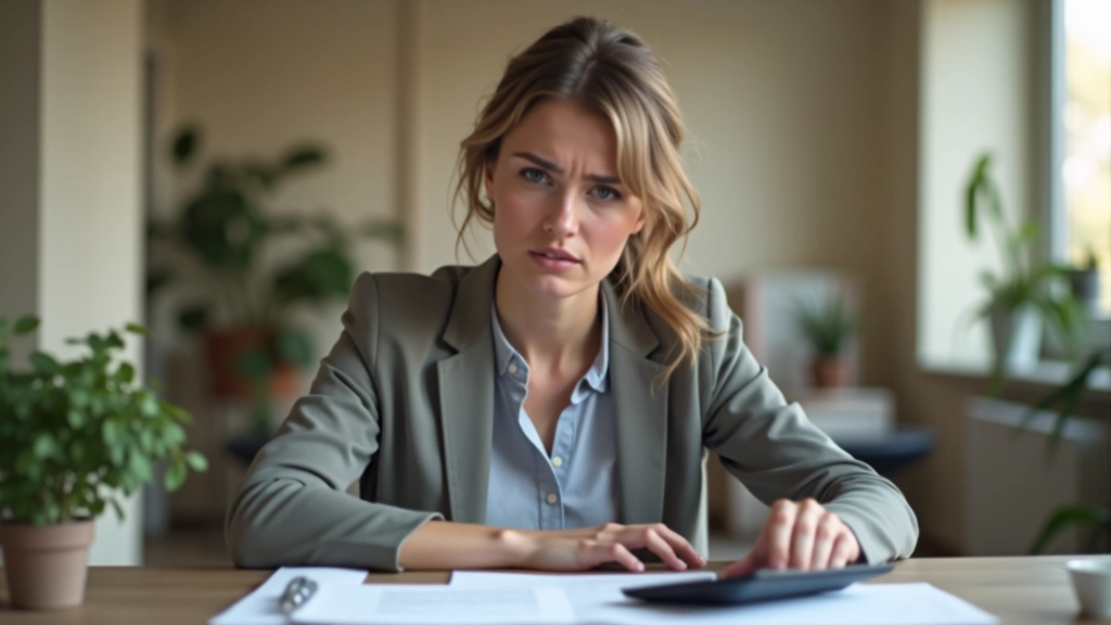 Žena sedící u stolu se znepokojujícím výrazem, papíry a kalkula​čka, financí rozpočet