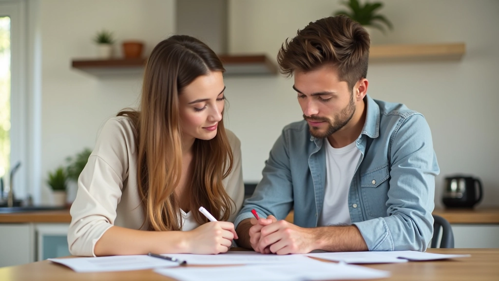 Mladá rodina plánuje rozpočet u stolu s notebookem a finančními dokumenty